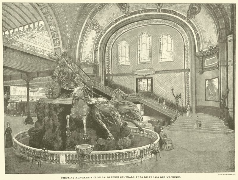 Monumentalbrunnen der Zentralgalerie, in der Nähe des Palais des Machines (Gravur) von French School