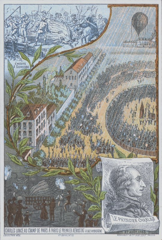Französischer Ballonfahrer Jacques Charles startet den ersten Wasserstoffballon vom Champ de Mars, Paris, 27. August von French School