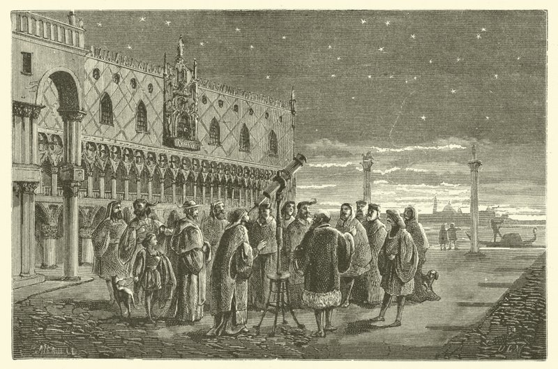 Galileo zeigt den Senatoren von Venedig die Satelliten des Jupiter (Stich) von French School