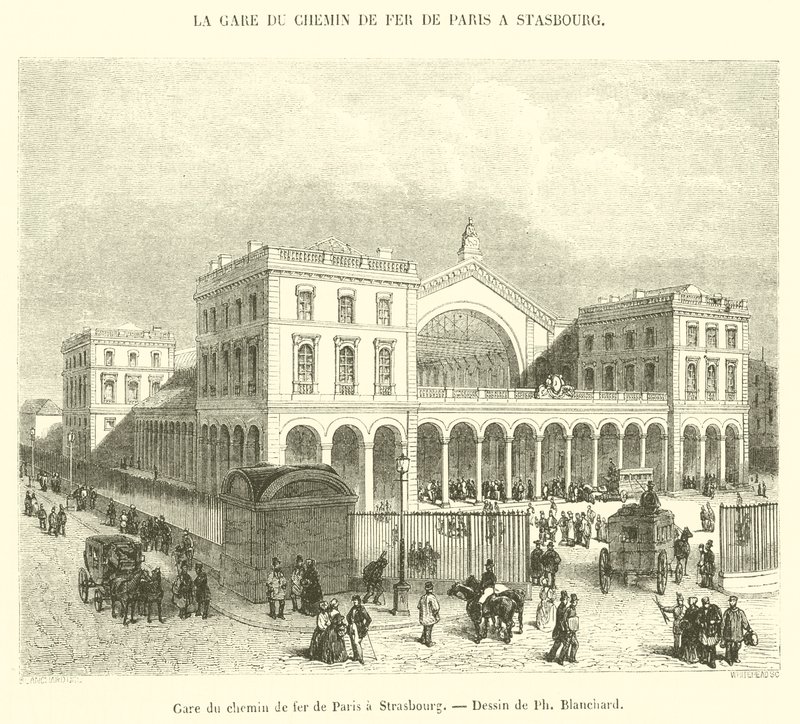 Bahnhof der Eisenbahn von Paris nach Straßburg (Gravur) von French School