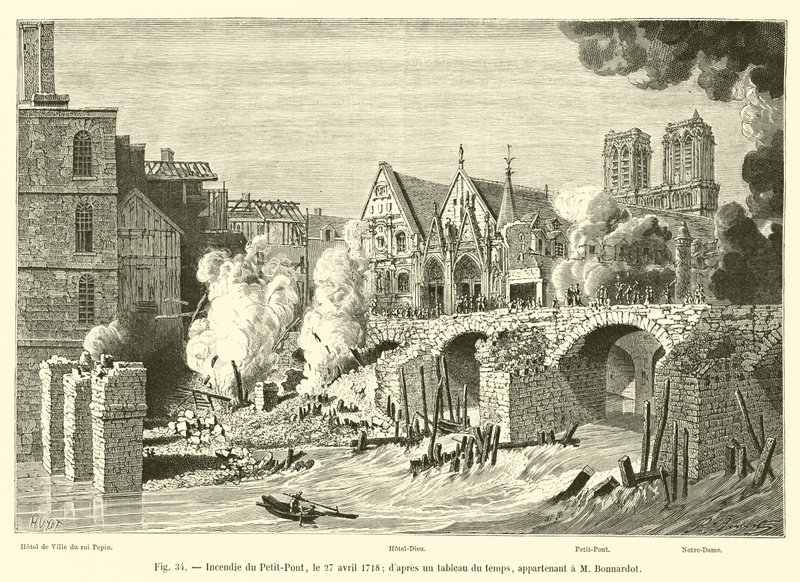 Brand der Petit-Pont, am 27. April 1718, nach einem zeitgenössischen Gemälde im Besitz von M. Bonnardot von French School