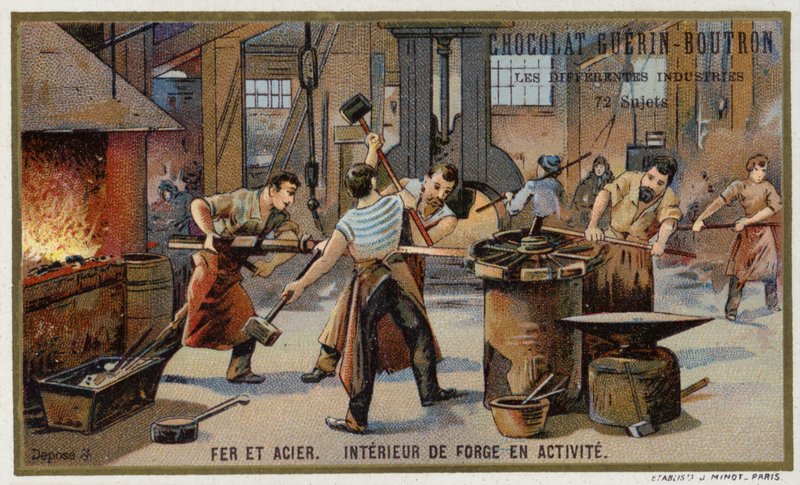 Eisen und Stahl. Inneres einer geschäftigen Schmiede von French School