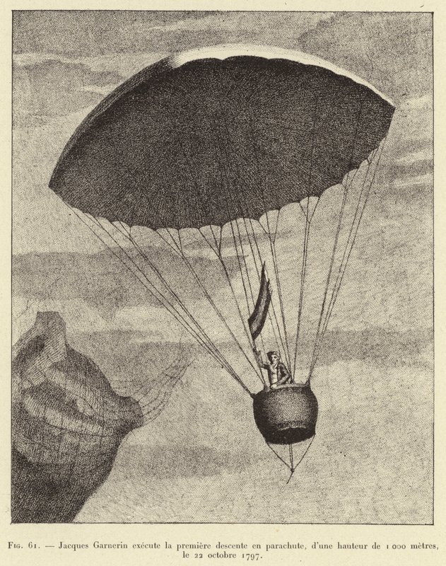 Jacques Garnerin führt den ersten Fallschirmsprung aus, aus einer Höhe von 1000 Metern, am 22. Oktober 1797 von French School