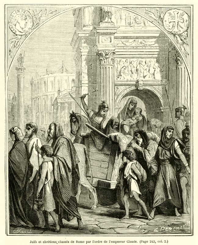 Juden und Christen aus Rom vertrieben durch den Befehl des Kaisers Claudius (Gravur) von French School