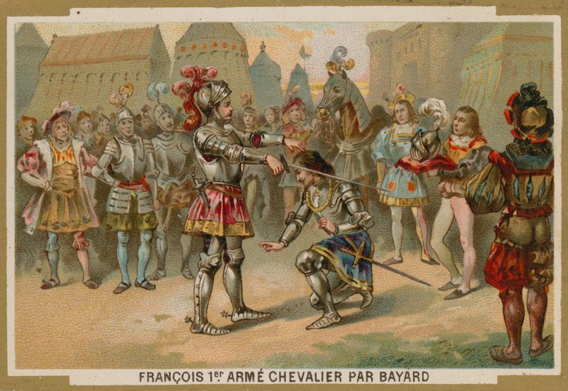 König Karl I. von Frankreich wird nach der Schlacht bei Marignano von Chevalier de Bayard zum Ritter geschlagen, 1515 von French School