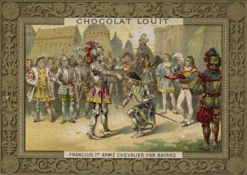 König Karl I. von Frankreich wird nach der Schlacht von Marignano, 1515, von Chevalier de Bayard zum Ritter geschlagen von French School