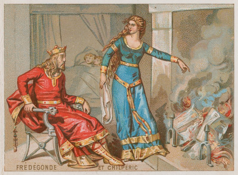 König Chilperich I. und Fredegonde verbrennen die Steueraufzeichnungen von French School