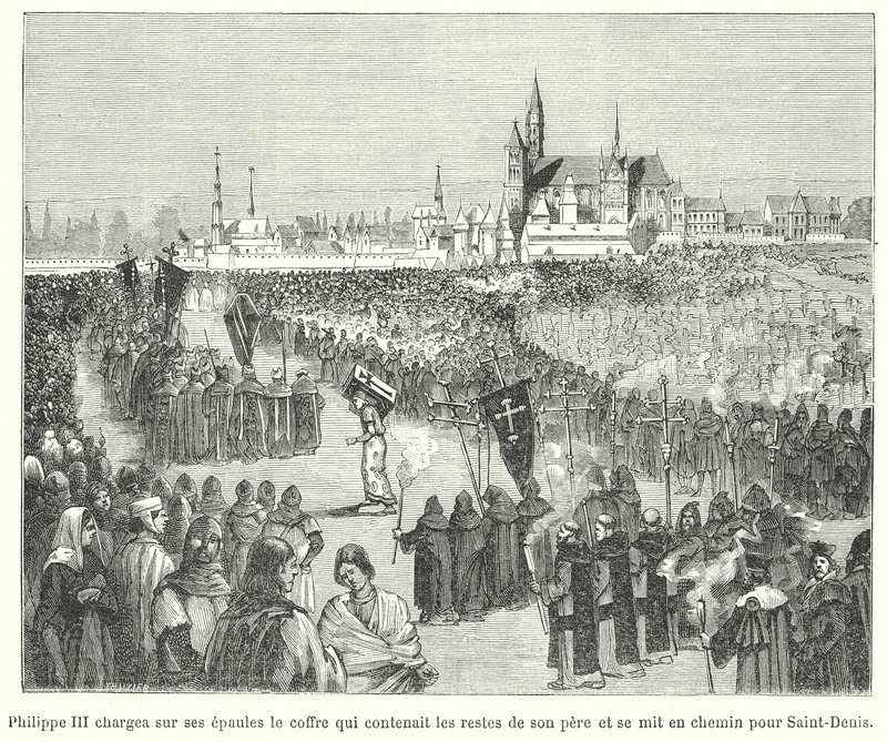 König Philipp III. von Frankreich trägt die Gebeine seines Vaters, Ludwig IX., zu seiner Beerdigung in die Basilika von St. Denis, Paris von French School