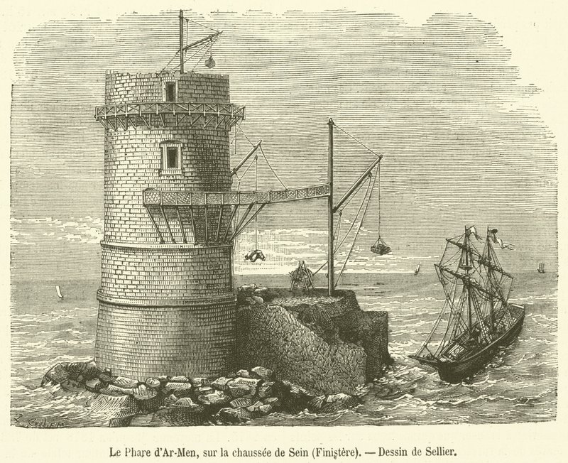 Der Leuchtturm von Ar-Men, auf der Chaussee von Sein, Finistère (Stich) von French School