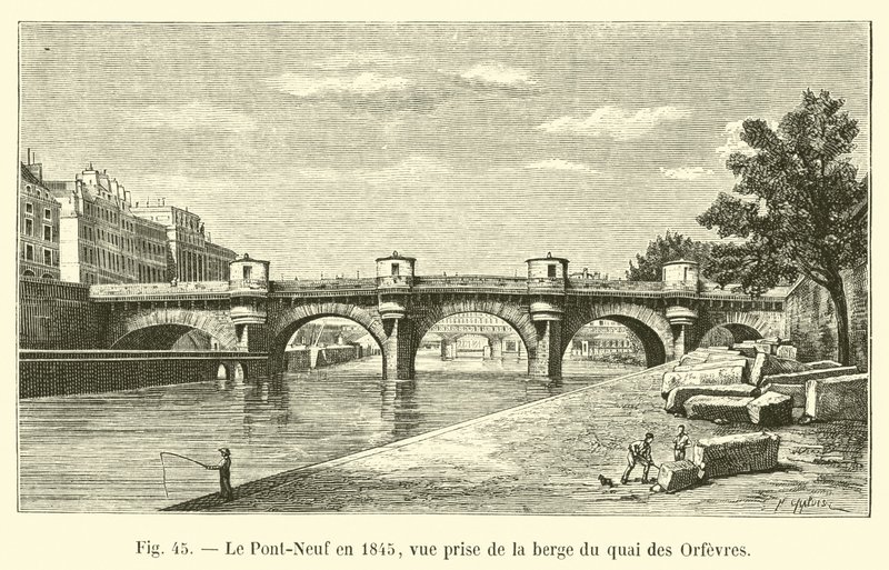 Pont-Neuf im Jahr 1845, Blick von der Uferpromenade des Quai des Orfèvres von French School
