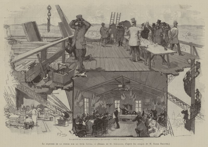 Das Frühstück der Presse auf dem Eiffelturm (Gravur) von French School