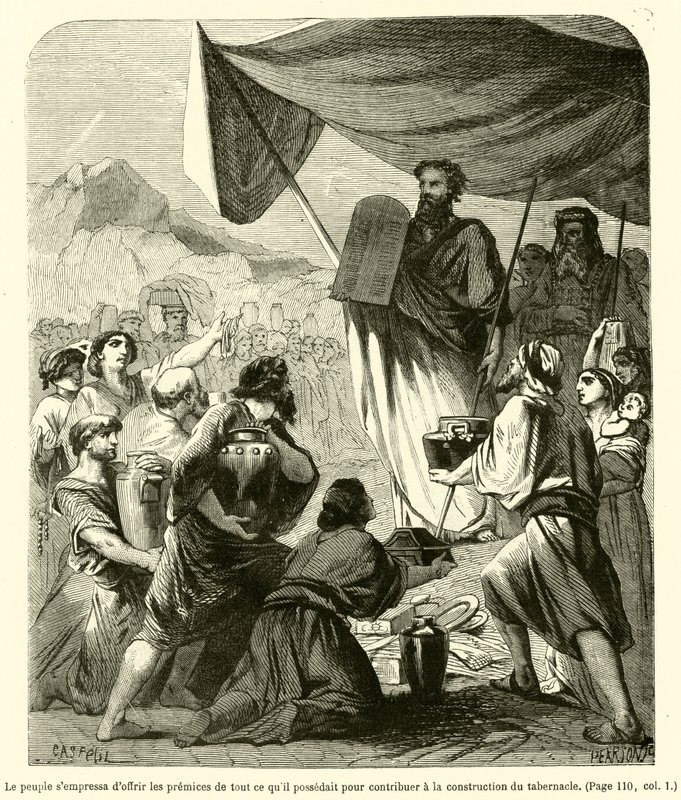 Das Volk beeilte sich, die Erstlinge von allem, was es besaß, zur Errichtung des Tabernakels zu bringen von French School