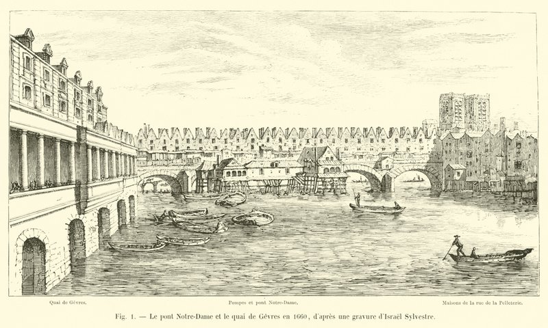 Pont Notre-Dame und Quai de Gesvres im Jahr 1660, nach einem Stich von Israël Silvestre von French School