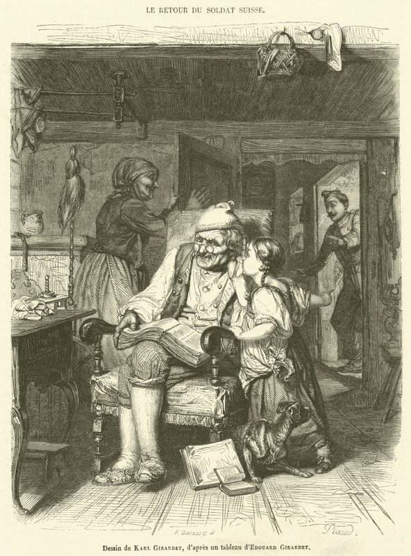 Die Rückkehr des Schweizer Soldaten (Gravur) von French School