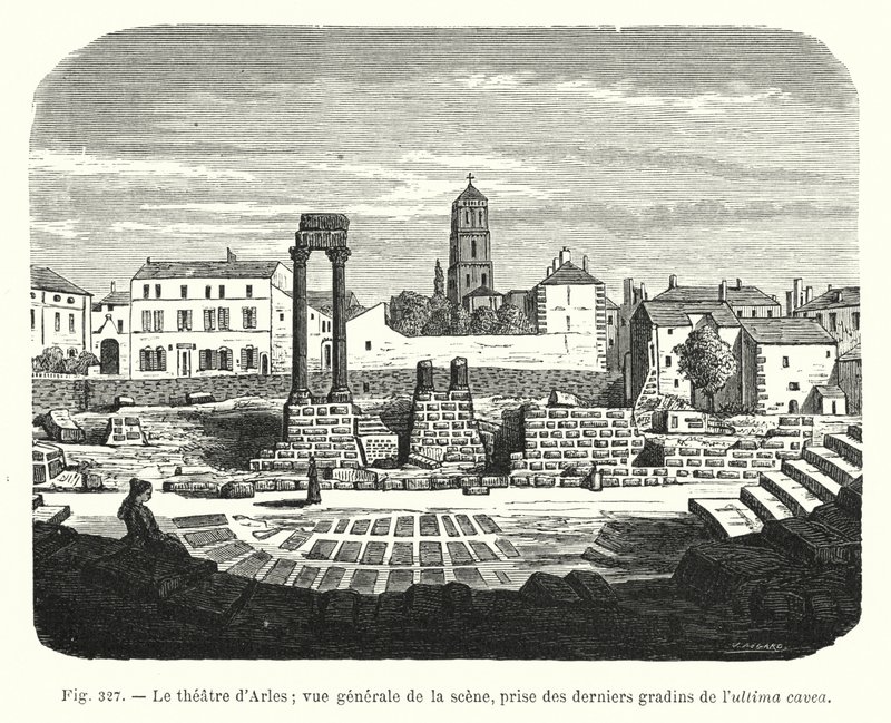 Das Theater von Arles; Gesamtansicht der Bühne, aufgenommen von den letzten Stufen der ultima cavea von French School