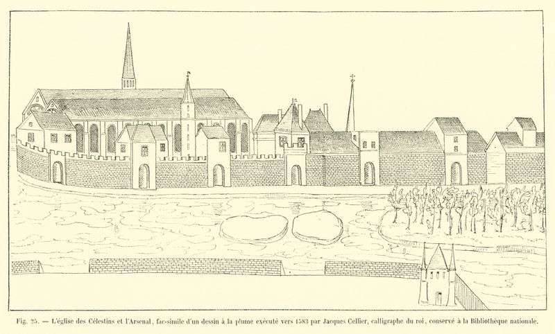 Die Kirche der Celestins und das Arsenal, Faksimile einer Federzeichnung von Jacques Cellier, Kalligraph des Königs, um 1583, aufbewahrt in der Nationalbibliothek von French School