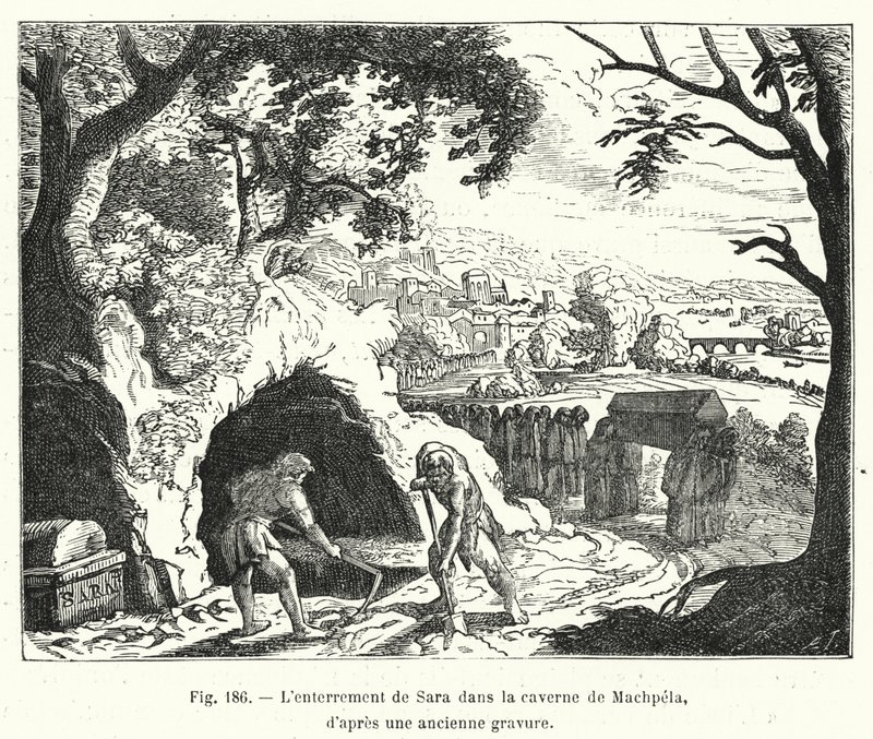 Das Begräbnis von Sara in der Höhle von Machpela, nach einem alten Stich von French School