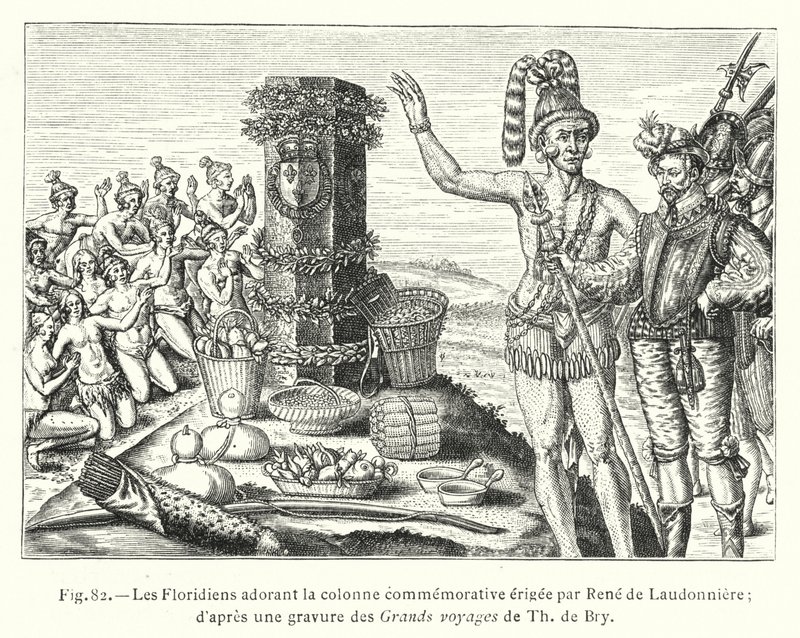 Die Floridianer verehren die von René de Laudonnière errichtete Gedenksäule; nach einem Stich aus den Großen Reisen von Th de Bry (Stich) von French School
