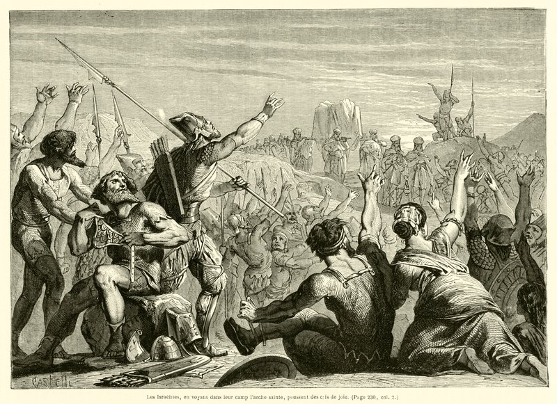 Die Israeliten jubeln, als sie die heilige Lade in ihrem Lager sehen (Gravur) von French School