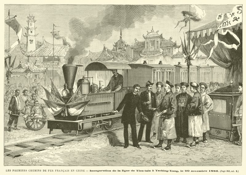 Die ersten französischen Eisenbahnen in China (Gravur) von French School