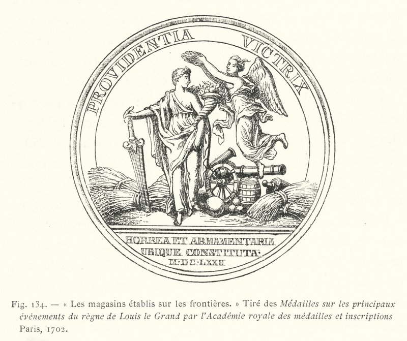 Die an den Grenzen errichteten Lagerhäuser, aus den Medaillen zu den wichtigsten Ereignissen der Herrschaft von Ludwig dem Großen von der Königlichen Akademie der Medaillen und Inschriften Paris von French School