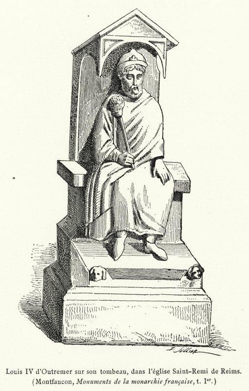 Ludwig IV. von Übersee auf seinem Grab in der Kirche Saint-Remi von Reims (Gravur) von French School