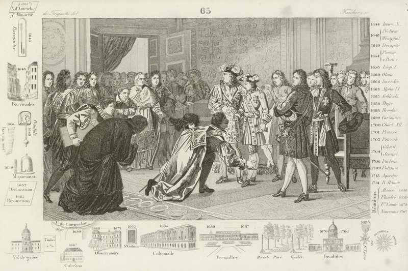 Ludwig XIV. stellt seinen Enkel Philipp V. den spanischen Gesandten als ihren neuen König vor, 1700 von French School