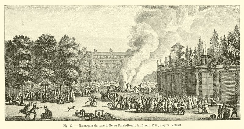 Puppen des Papstes verbrannt im Palais-Royal, am 16. April 1791, nach Bertault von French School
