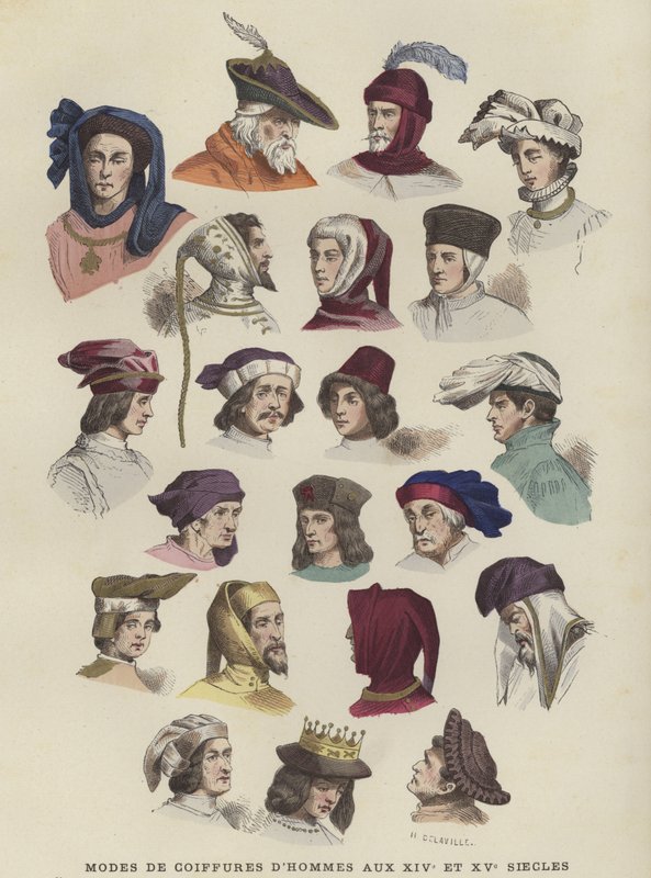 Herrenhüte und Kopfbedeckungen, 14. und 15. Jahrhundert von French School