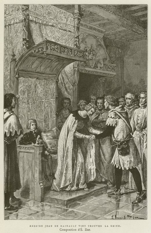 Messire Jean De Hainault besucht die Königin (Stich) von French School