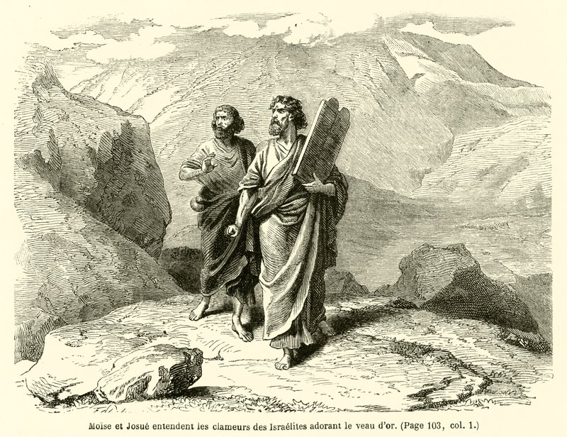 Mose und Josua hören die Schreie der Israeliten, die das goldene Kalb anbeten von French School