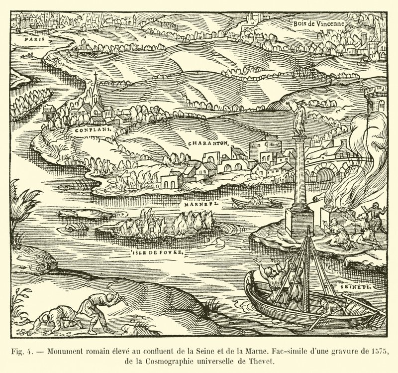 Römisches Denkmal am Zusammenfluss von Seine und Marne, Faksimile eines Stichs von 1575, aus der Cosmographie universelle von Thevet von French School