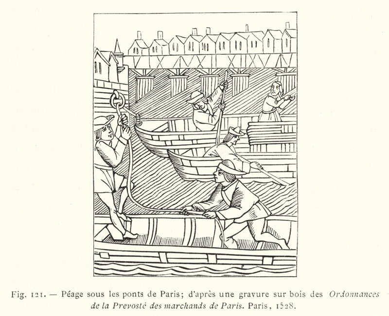 Maut unter den Brücken von Paris; nach einem Holzschnitt aus den Verordnungen der Prevoste der Kaufleute von Paris, Paris von French School