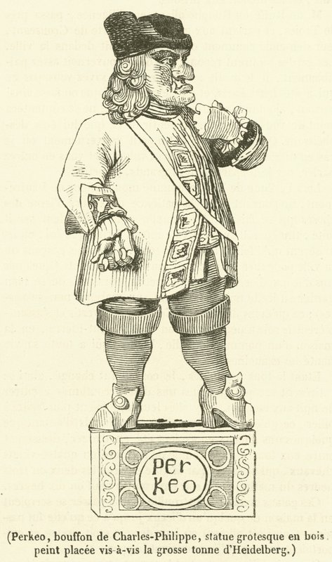 Perkeo, Hofnarr von Karl-Philipp, groteske Holzstatue gegenüber dem großen Fass von Heidelberg von French School
