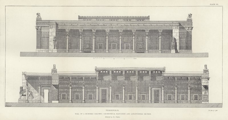 Persepolis, Halle der Hundert Säulen, geometrische Erhebung und Längsschnitt, restauriert von Ch Chipiez von French School