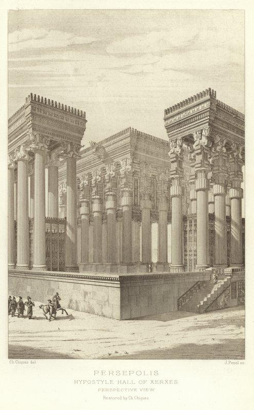 Persepolis, Hypostylhalle des Xerxes, Perspektivische Ansicht, restauriert von Ch. Chipiez von French School