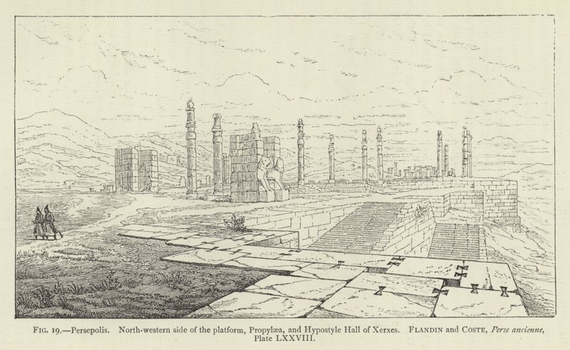 Persepolis, Nordwestseite der Plattform, Propylaea und Hypostylhalle von Xerxes von French School