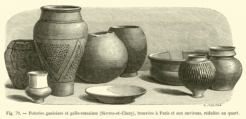 Gallische und gallorömische Töpferwaren, Sevres-et-Cluny, in Paris und Umgebung gefunden, auf ein Viertel reduziert von French School