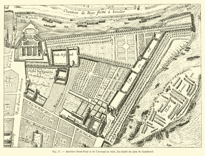 Viertel Saint-Paul und das Arsenal im Jahr 1650, Faksimile des Plans von Gomboust von French School