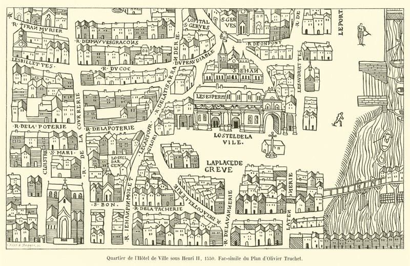 Viertel des Hotel de Ville unter Heinrich II, 1550, Faksimile des Plans von Olivier Truchet von French School