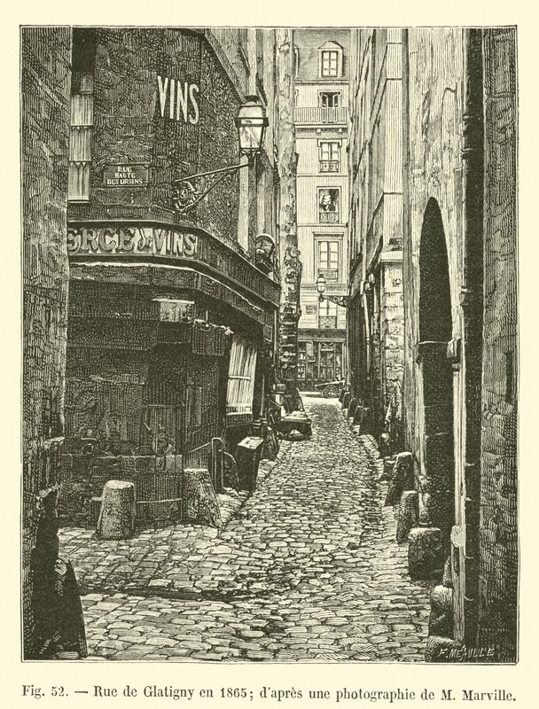 Rue de Glatigny im Jahr 1865, nach einer Fotografie von M. Marville von French School