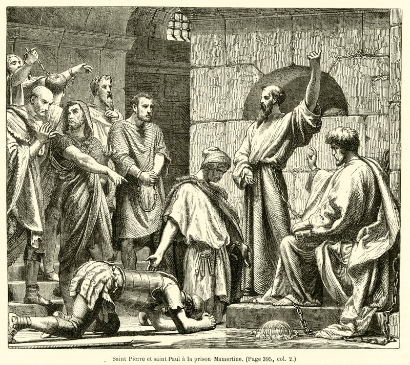Sankt Peter und Sankt Paul im Mamertinischen Gefängnis (Gravur) von French School