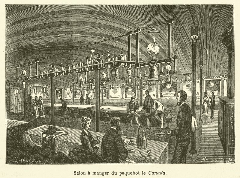 Speisesalon des Dampfschiffs Le Canada (Stich) von French School