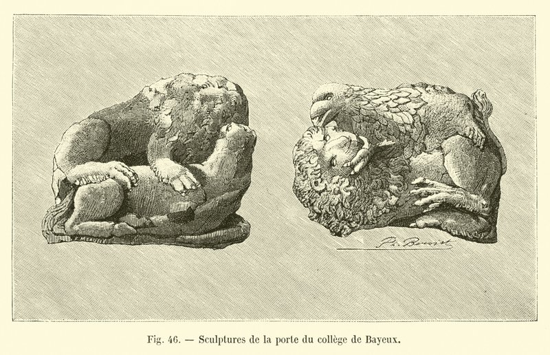 Skulpturen des Tores des Kollegs von Bayeux (Gravur) von French School