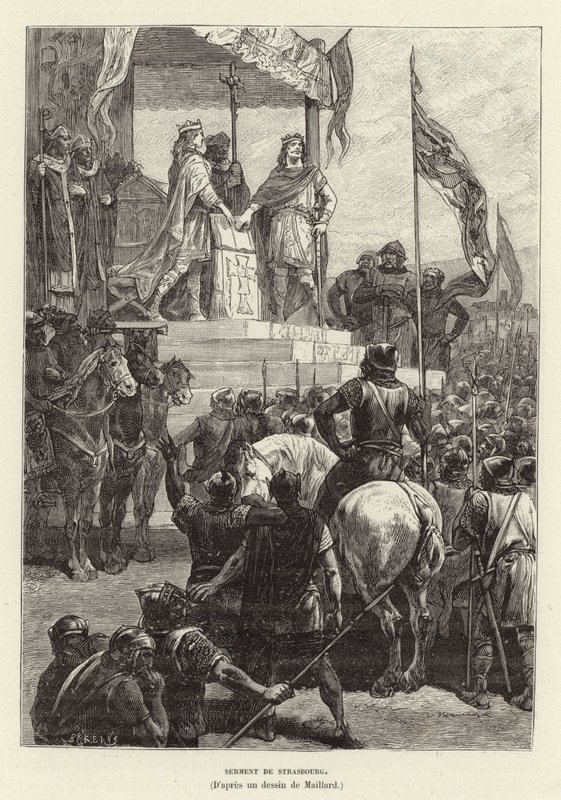 Eide von Straßburg, das Bündnis zwischen Ludwig dem Deutschen und Karl dem Kahlen, Könige von Ost- und Westfranken, 842 (Stich) von French School