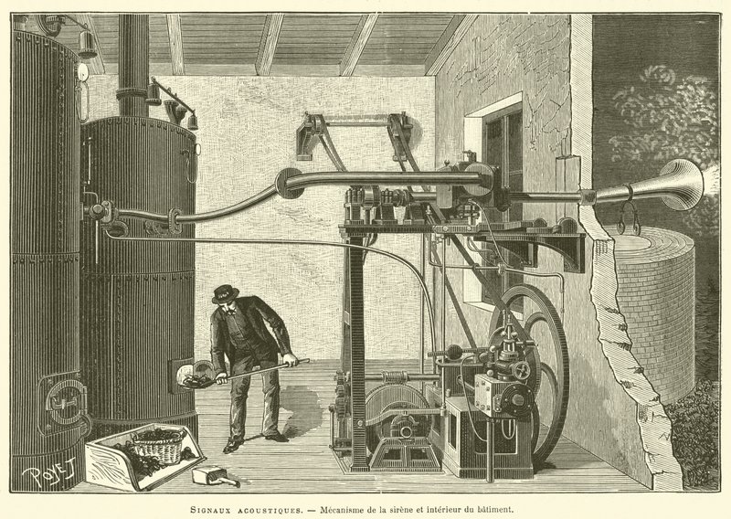 Akustische Signale, Mechanismus der Sirene und Innenansicht des Gebäudes von French School