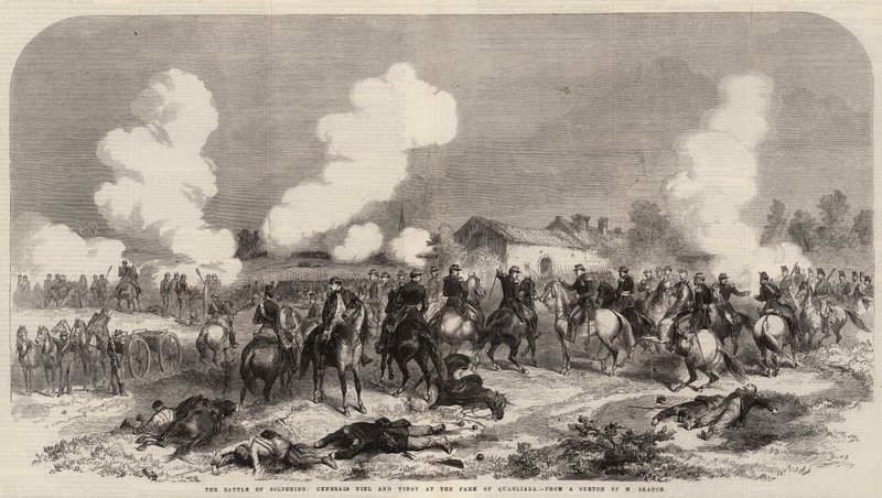 Die Schlacht von Solferino, Generäle Niel und Vinoy auf dem Bauernhof von Quagliara (Gravur) von French School