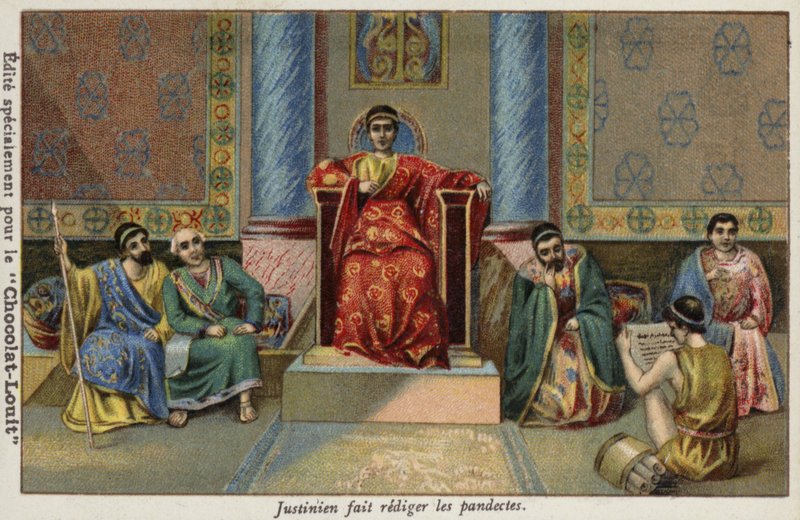 Der byzantinische Kaiser Justinian I. diktiert die Pandekten, 6. Jahrhundert von French School