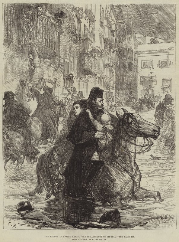 Die Überschwemmungen in Spanien, Rettung der Einwohner von Murcia (Gravur) von French School