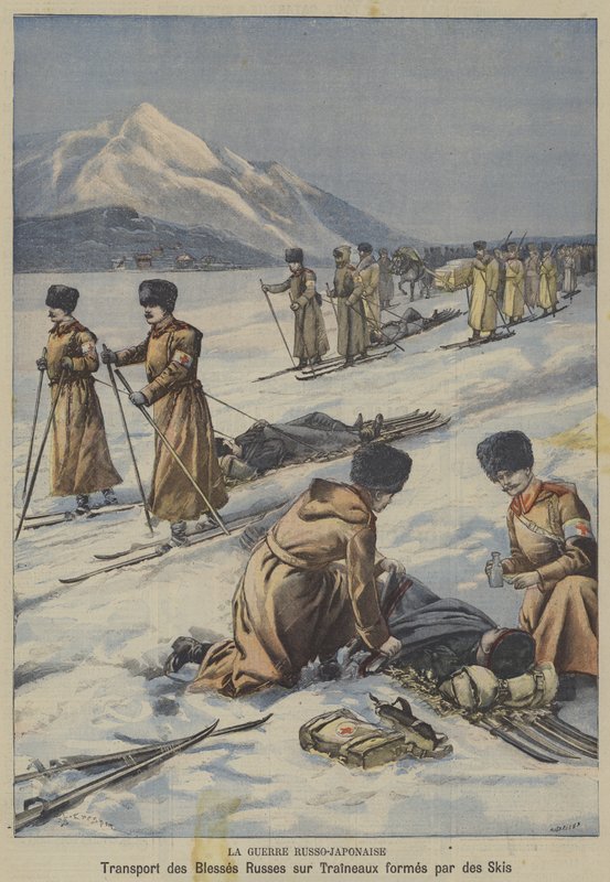 Der Russisch-Japanische Krieg: Verwundete russische Soldaten auf Schlitten aus Skiern transportiert von French School